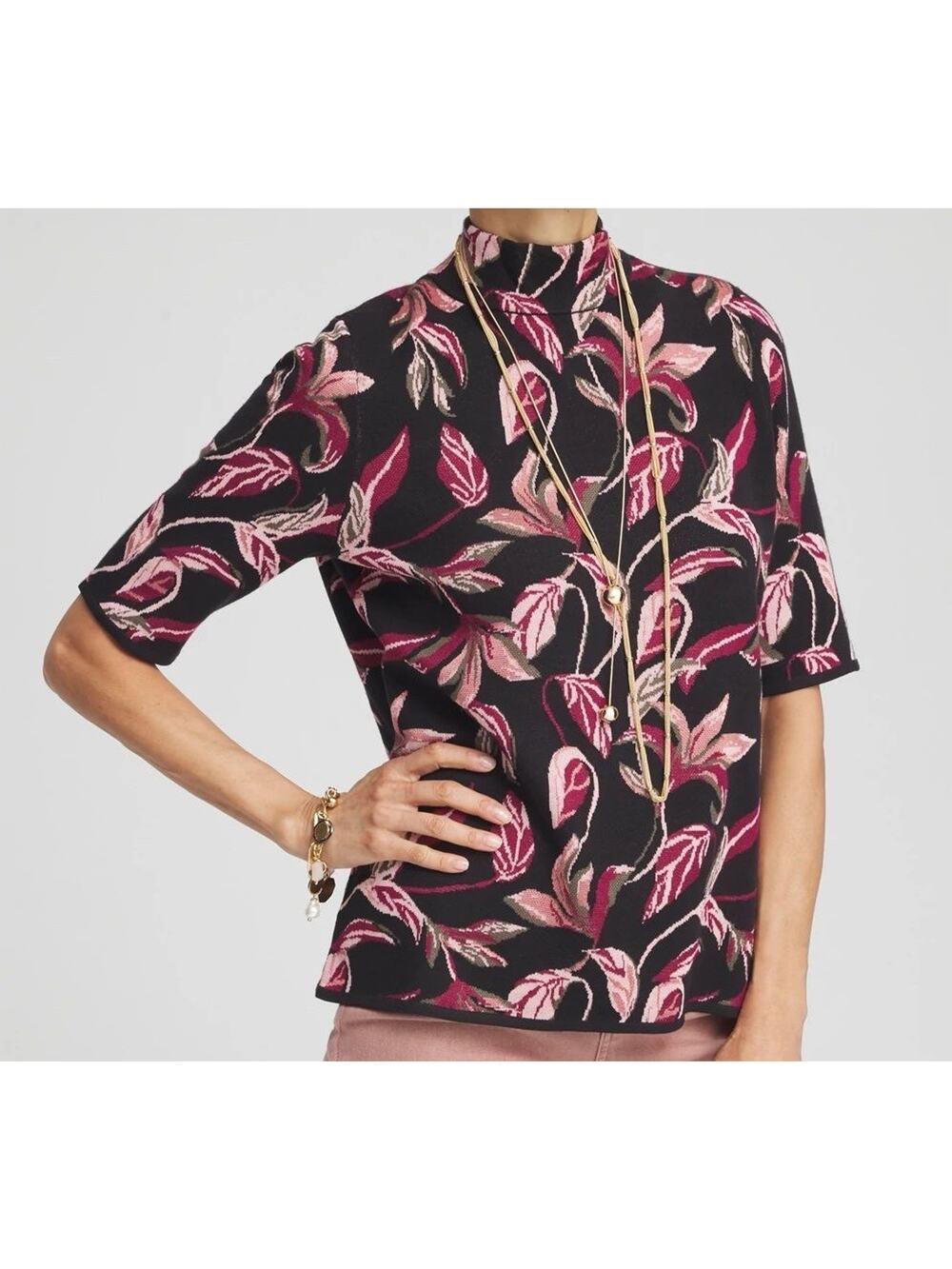 Chico’s Women’s Jacquard Mock Neck Sweater Floral Pink Black Size 1, Medium
